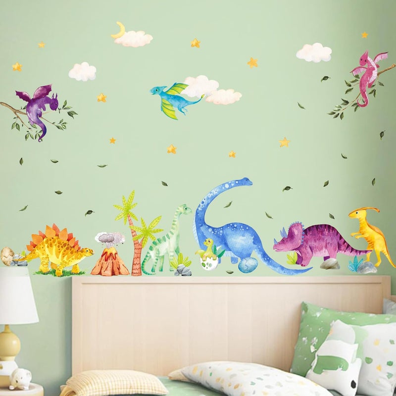 Kasubeso Watercolor Dinosaur Wall Decals, Cartoon Cute Dino Volcanic Wall Stickers, Peel and Stick Star Cloud Wallpaper for Baby Nursery Boys Bedroom Playroom Wall Decor - Image 1